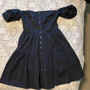 STAUD Black Off-Shoulder Tiered Mini Dress